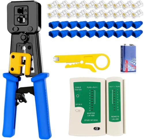 Image of COMTECH Rj45 Passthrough tool kit Cat5 Cat5e Cat6 RJ45 Ethernet network Crimper with 20PCS Cat6 Pass Through Connectors, 20PCS Covers, Cable Tester Wire Stripper Crimping tool set