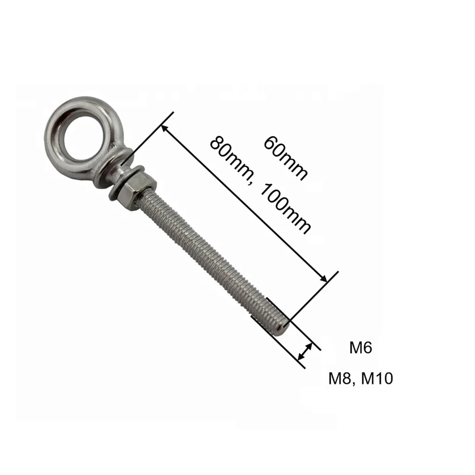 Set di 5 bulloni a occhiello in acciaio inox 316 HX per sollevamento spalle lunghe, misure M6, M8, M10, per sollevamento funi metalliche, dadi inclusi (M8 x 80)