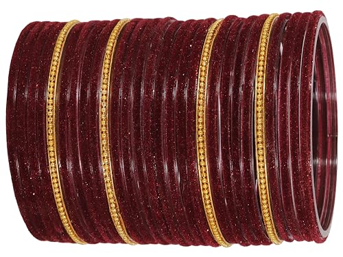 Image of NMII Glass Bangles For Women and Girls with Velvet and Golden Ballchain Linked | Plain Glass Bangles | Velvet Chudi Set | Bangles For Women | Stylish Glass Chudi Bangles- Set of 28