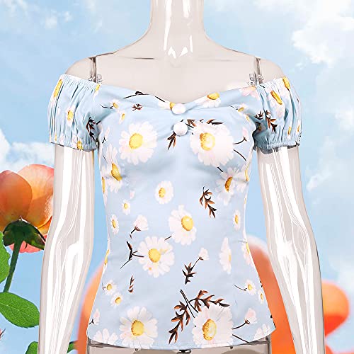 Image of YARN & INK Women's Rockabilly Tops 1950s Pinup Shirt Casual Off Shoulder Vintage Blouse