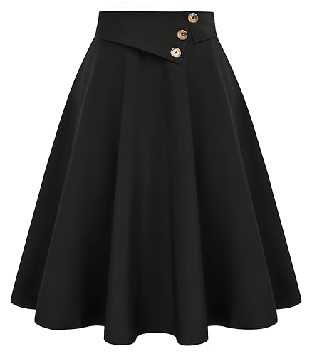 Belle Poque Womens High Waisted Skirts with Pockets Swing A Line Vintage Midi Skirt - Black - X-Large