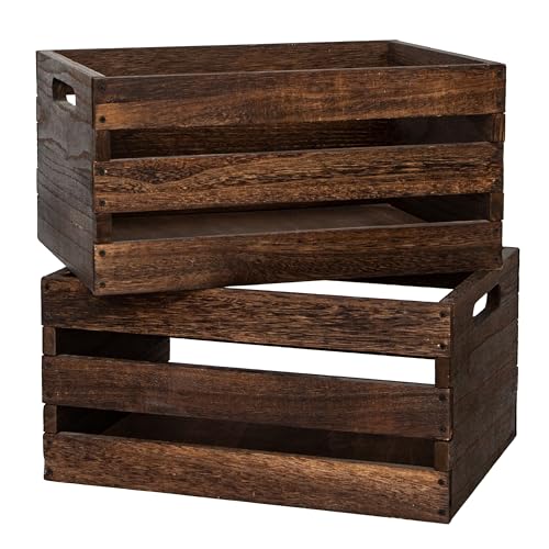 JIANGRENMU Rustic Vintage Brown Wooden Storage Crates Set, 2 Pack , 16.5 X 12 X 8.3''wood crate box，Handmade Farmhouse Decorative Crate with Handles for Books, Clothes Storage & Display