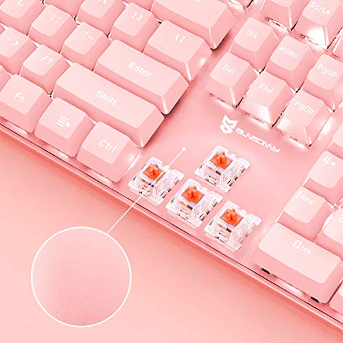 Image of Merdia Full Size Wired Mechanical Gaming Pink Keyboard | Red Switch 104 Keys US Layout Full Size Pink PC Gaming Keyboards | Hot Swappable LED Backlit Light Up Wired Mechanical Computer Keyboards
