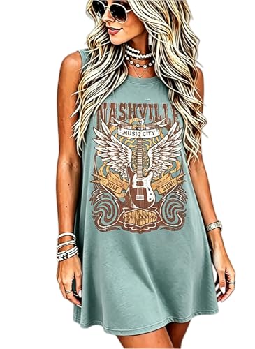 Image of Vintage Rock Country Music Dress for Women Rock Concert Band Graphic Tshirt Casual Letter Print Short Dress