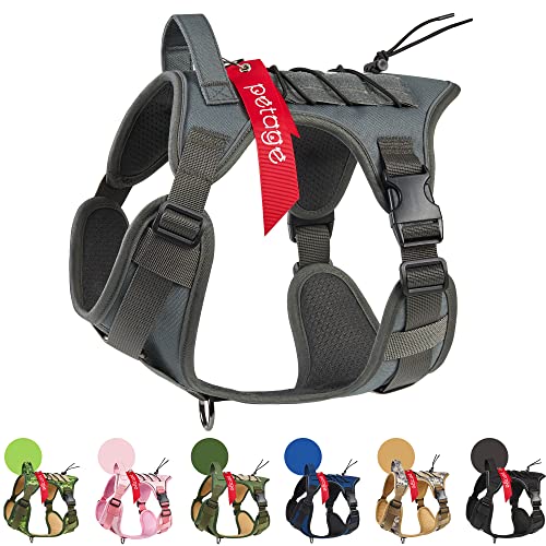 PETAGE Tactical Dog Harness for Small Medium Large Dogs No Pull Adjustable Soft Padded Dog Vest Reflective No-Choke Pet Oxford Vest with Easy Control Pet Vest Military Service Dog Harnesses(Grey XL)