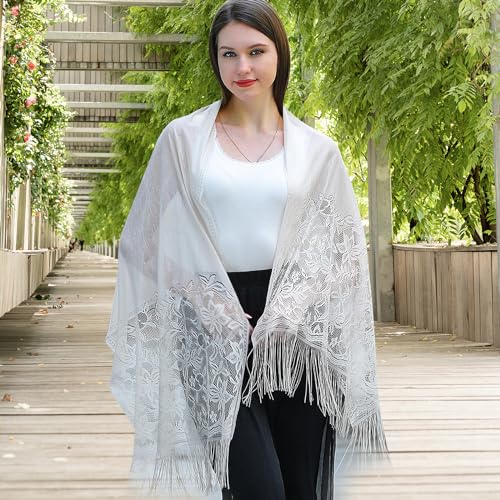 Women Floral Lace Scarf Shawl with Tassels, Formal Wraps Soft Mesh Fringe Wraps for Wedding Party Evening Dress2