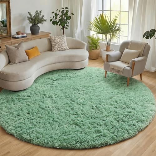 Image of ONASAR Sage Green Round Area Rugs 6ft, Fluffy Soft Bedroom Circle Rug for Kids Girls Boys Teen Room, Cute Furry Plush Shaggy Carpet Floor Mats for Nursery Living Room Playroom Dorm Home Decor