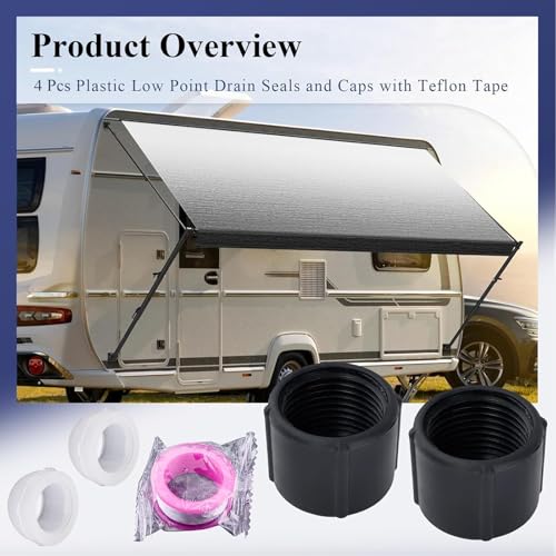 Image of 4 Pcs Black Plastic Low Point Drain Seals /Caps w /Sealing Ring & Teflon Tape | Fits RV, Camper, Travel Trailer 1 /2 Inch Hot & Cold Water Lines, Fit for Pex Pipe /Tubing Fittings, RV Accessories / Fittings