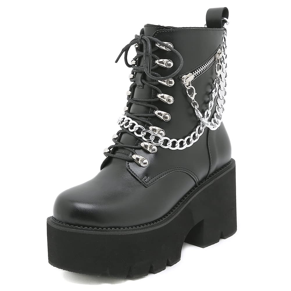 Women's Chain Platform Boots Lace Up & Zipper Chunky Heel Black Combat Ankle Booties Fashion Studded Motorcycle Boots