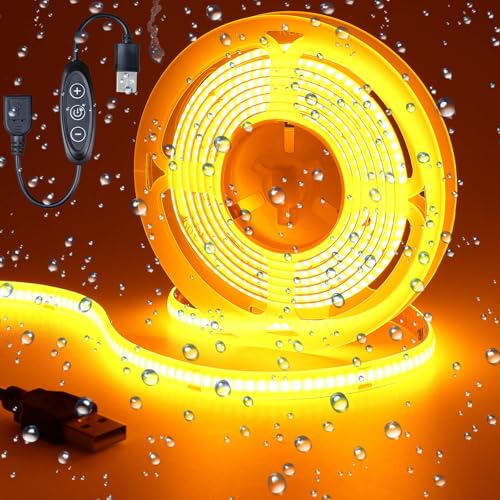 Image of DC 5V USB COB Orange LED Strip Light Dimmable IP65 Waterproof 6.6ft /2M | USB Powered 640LEDs with Dimmer High Brightness Flexible LED Tape Lights