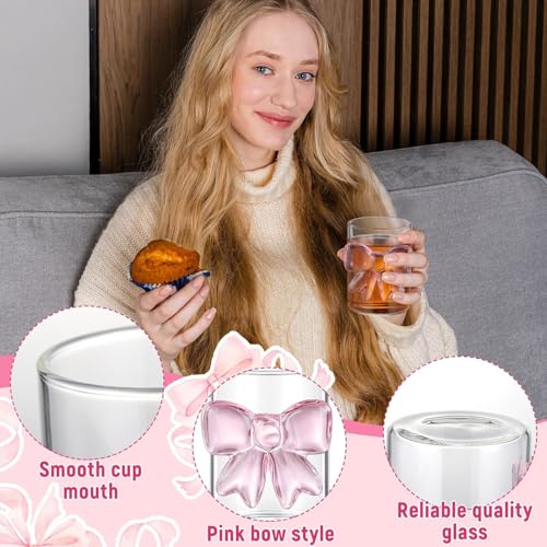 Image of FUNKYFINDS 1 Pack Pink Bow Glass Cups 300 Ml Juice Coffee Milk Mug with Cute Bow Design for Hot and Cold Beverages Cocktail Glass Cups Glassware for Women Friends Wedding Party Gift
