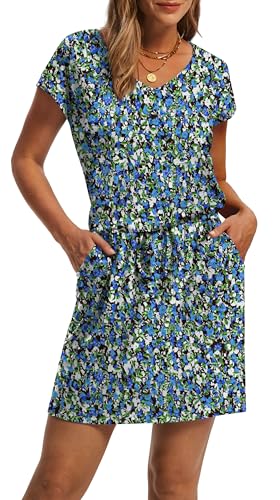 Image of OFEEFAN Summer Dresses for Women 2026 V Neck T Shirt Casual Mini Dresses Tie Waist Sundresses with Pockets