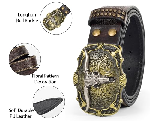 FGSS Women Men Classic-Rivet-Cowboy-Belt - Western Cowgirl-Leather-Belt with Longhorn-Bull Buckle for Pants Jeans4