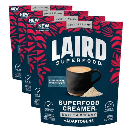 Image of Laird Superfood Non-Dairy Coconut Powder Creamer - Sweet & Creamy + Adaptogens - Superfood Creamer with Functional Mushrooms - Non-GMO, Vegan, 16 oz. Bag, Pack of 4
