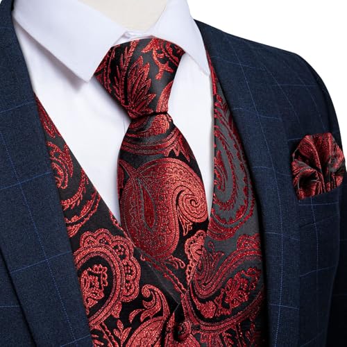Image of DiBanGu Mens Vest and Tie Set Formal Paisley Waistcoat and Necktie Pocket Square Cufflinks Silk Suit Vest for Tuxedo Wedding