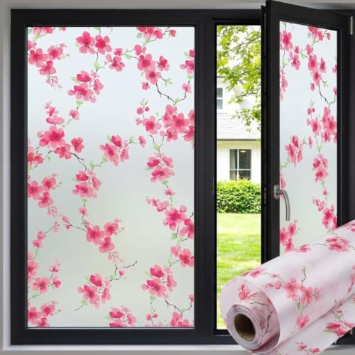 Image of Premium Vinyl Privacy Stained Window Glass Sticker (12x25 Inch) - Self-Adhesive Decorative Sticker Opaque Tint Wallpaper for Glass Cover Window, Door, Office, Home.| Anti-UV. Pink Floral