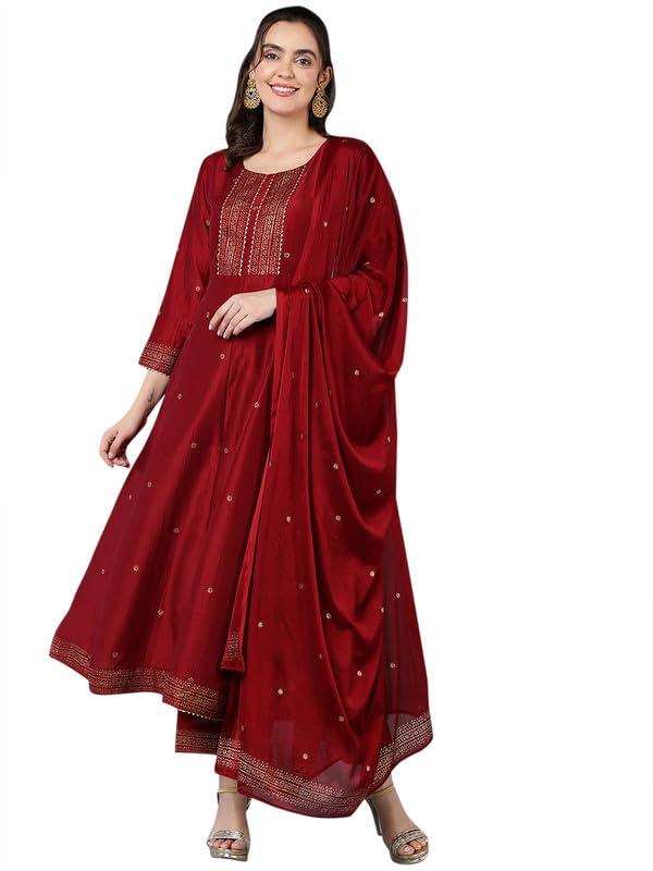 Image of Vaamsi Women's Silk Blend Yoke Design Solid Flared Kurta Pant With Dupatta