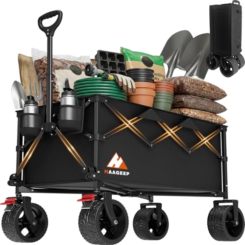 Collapsible Wagon Cart with Wheels Foldable - Folding Utility Heavy Duty Wagons Carts for Grocery Sports Garden Shopping Camping Wheelbarrows (Black200L)