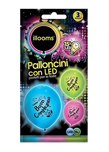 Siadu00a0u0096u00a03u00a0Globos Illooms Buon cumpleaños con luz LED colores surtidos, Muticolor, 32904
