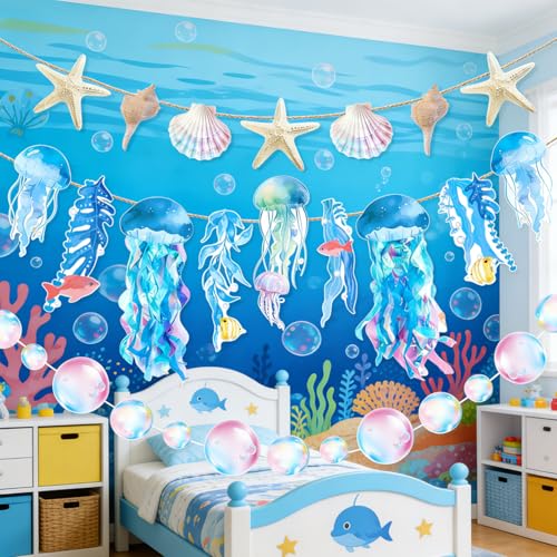 Image of SUNBEAUTY Starfish Seashell Banner Under The Sea Party Decoration Jellyfish Hanging Garland 9.8ft Blue Bubble Garlands for Ocean Beach Theme Birthday Decor Mermaid Summer Party Decor