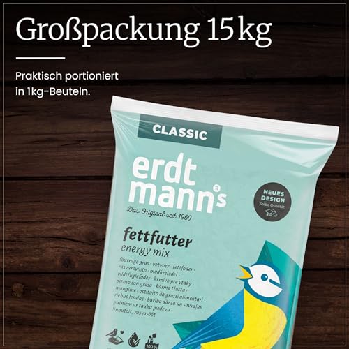 Erdtmanns Fettfutter für Wildvögel 15 × 1000 g – energiereiches Ganzjahresfutter mit Haferflocken, Erdnüssen & Früchten – ideal für Balkon & Garten – beliebt bei Meisen, Amseln