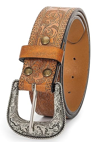 Image of Western-Leather-Belts-Women Vintage Waist-Belts with Hollow Out Flower