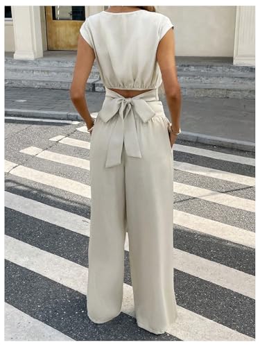 Verdusa Women's 2 Piece Business Casual Outfits Tie Back Summer Tops and Wide Leg Pants with Pockets4