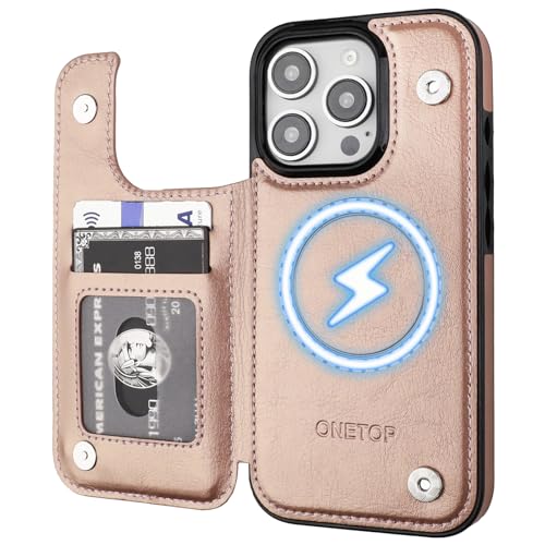 ONETOP Compatible with Magsafe for iPhone 16 Pro Wallet Case with Card Holder, PU Leather Kickstand RFID Blocking Case, Double Magnetic Clasp and Durable Shockproof Cover 6.3 Inch (Rose Gold)