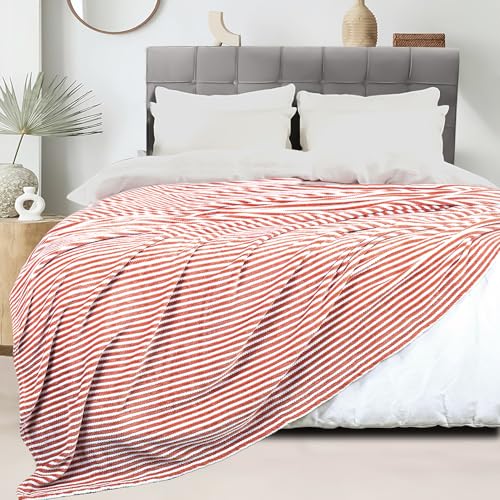 Image of BSB HOME Premium Jacquard Plush Double Blanket | 300 GSM Lightweight Cozy Soft for Bed, Sofa, Couch, Travel & Camping| 220x230 cm or 86x90 inches|Orange & White