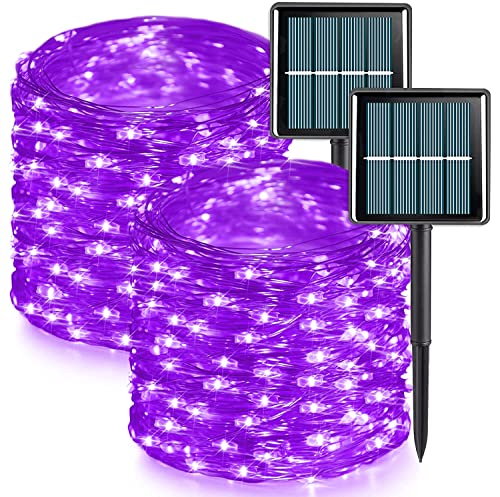 QITONG 2 Pack Purple Solar Fairy Lights Outdoor Waterproof, Each 66ft 200 LED Solar String Lights, 8 Modes Silver Wire Solar Twinkle Mini Lights