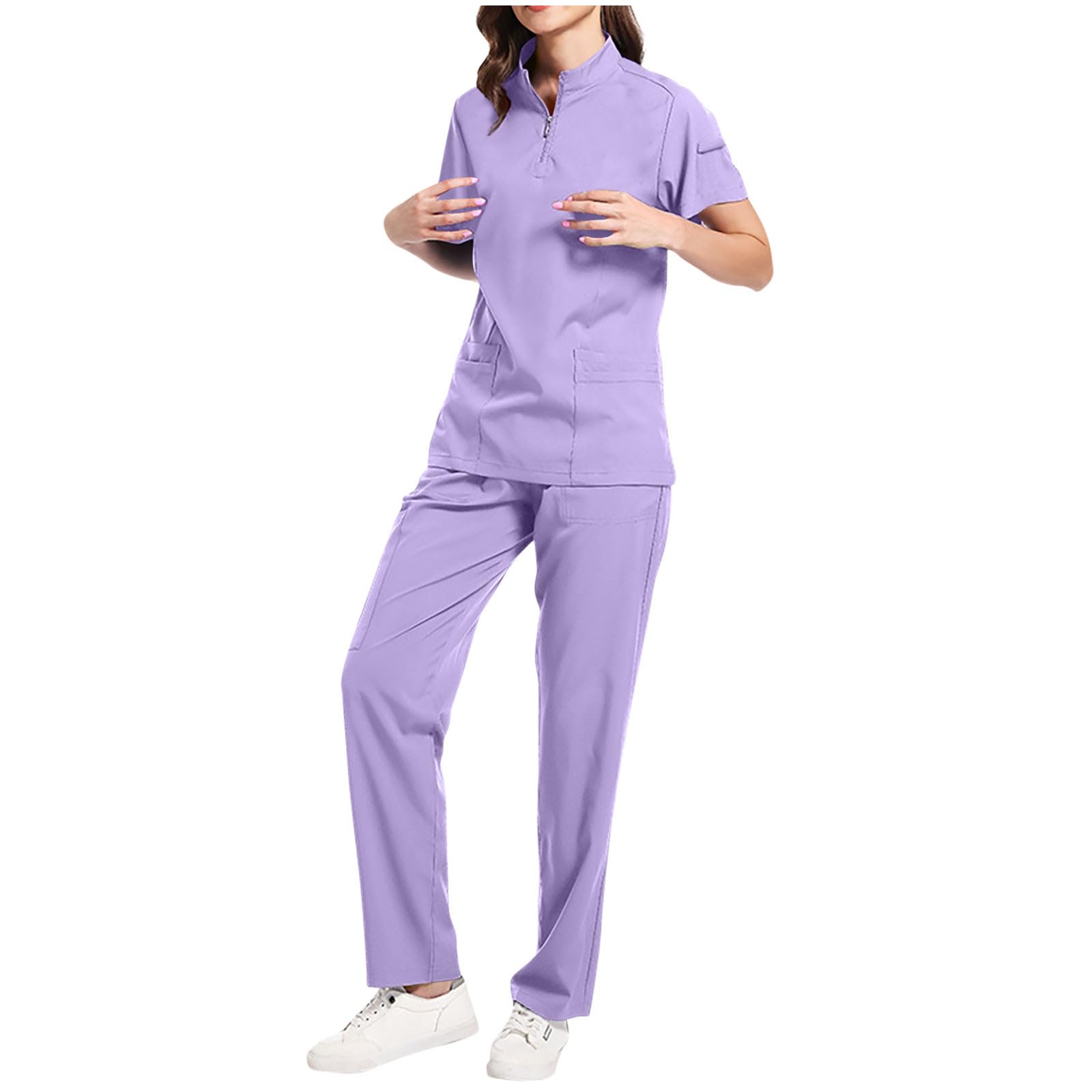 Scrubs for Women Set 2 Piece Stretch Short Sleeve 1 4 Zip V Neck Scrub Top and Jogger