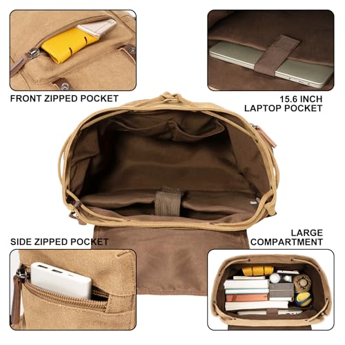 Canvas Laptop Backpack, Vintage Daypack for Men Women, Travel Rucksack Work College Computer Bag Bookbag Fits 15.6 Inch Laptop, Brown2