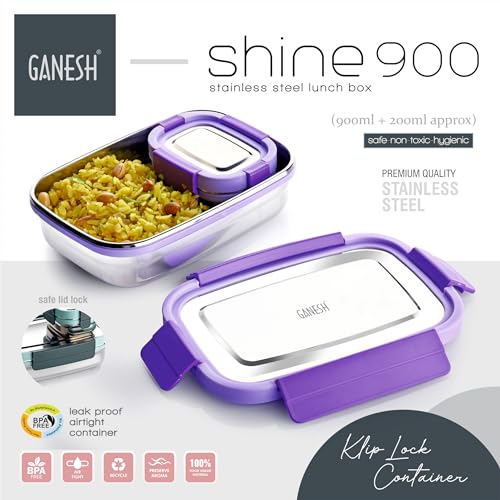 Image of Ganesh Shine Stainless Steel Airtight Leak-Proof Lunch Box for Office, School, Picnic - 900 ml - Blue