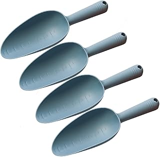 Pala de jardinería para aflojar, pala de jardín de plástico con escala, cuchara multiusos para bonsái y verduras, paquete de 4, color azul neblina