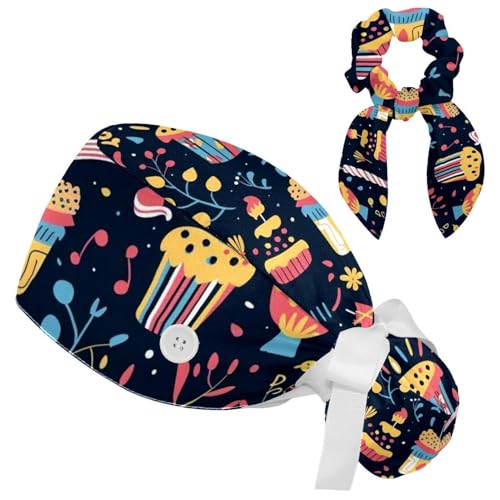 Flowers Happy Birthday Working Cap with Scrunchie, Adjustable Scrub Caps Surgical Hats with Buttons for Women Multicoloured
