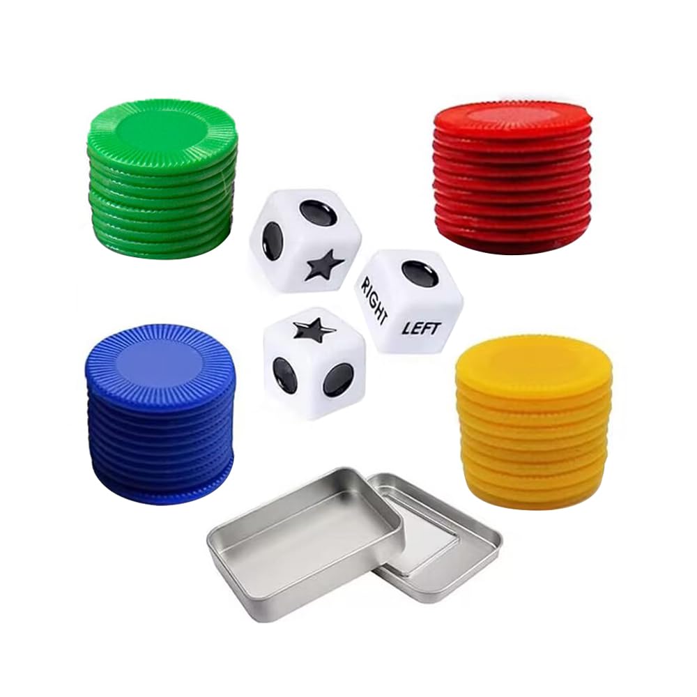 Sarini Gioco di dadi sinistra centro destra con 4 gettoni colorati, dadi a 3 stelle e istruzioni - Scatola di latta da 65 g, perfetta per feste, riunioni di famiglia e riunioni con gli amici