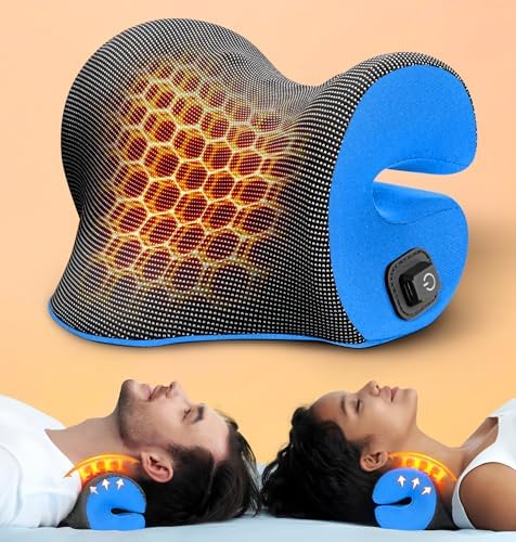 3s Heated Neck Stretcher for Pain Relief, Graphene Heating Pad, Odorless Neck Cloud Cervical Traction Device Chiropractic Pillow for Shoulder, for Women, Men, Mom, Dad (Blue)