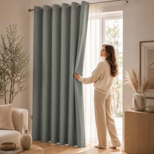 Image of LINENWALAS 100% Blackout Curtains for Long Door (9 Feet) - Set of 2 Panels, Herringbone Linen Texture Complete Light Block, Thermal Insulated & Noise Reducing Room Darkening Drapes (Light Grey)