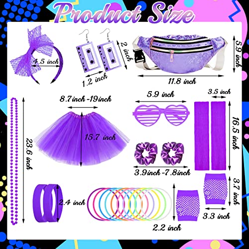 80s Costume Outfits Accessories Set for Women 1980s Fancy Dress Party Kits with T-shirt Tutu Bumbag Headband Earring Necklace Fishnet Gloves Leg Warmers Glasses Bracelet Scrunchies for Women Dress up - Image 2