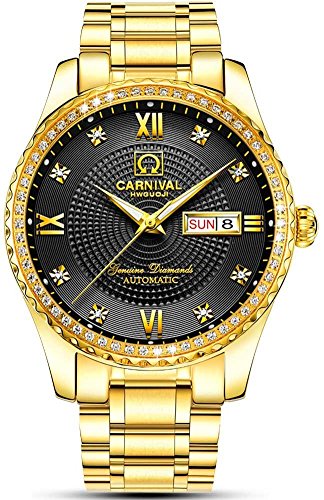 Swiss Made Men Luxury Gold Watches,Automatic Analog Display Calendar Week Luminous Stainless Diamond Watches (Gold Black)
