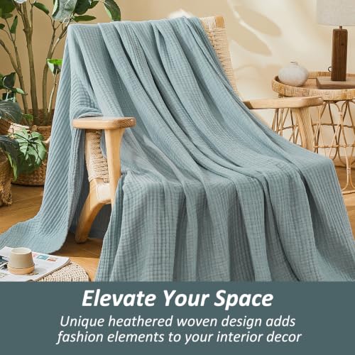 Image of EMME Cotton Muslin Large Throw Blanket 4-Layer Couch Breathable Gauze Soft Lightweight Bed Blankets Adults Two-Tone Weave Design, Pre-Washed Softer Touch (Heather Teal, 50 inchx70 inch)