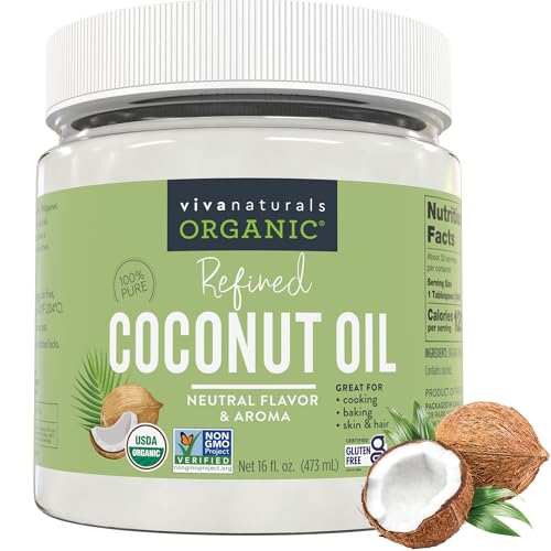 Viva Naturals Refined Coconut Oil, 16 fl oz – Expeller-Pressed, USDA Organic, Neutral Flavor & Aroma, Ideal for Cooking, Baking, Hair & Skin Moisturizer