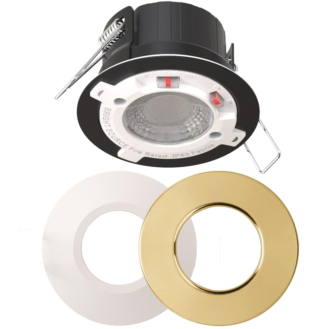 Bright Source All in One Switchable Wattage 4W/6W Integrated LED Downlight, White & Brass Bezel Bundle, TRIAC Dimmable, Adjustable Colour 2700K 3000K 4000K 6000K, IP65, Fire Rated, 1 Pack