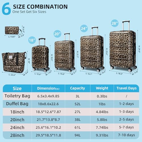 Image of LARVENDER Luggage Sets 6 Piece, Expandable Luggage Hardside PC+ABS Leopard Suitcase Sets with Spinner Wheels TSA Lock, Lightweight Rolling Suitcase for Men and Women, Cheetah Print