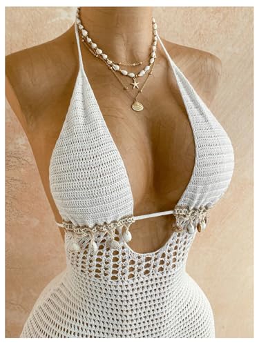 Image of GORGLITTER Women's Vacation Outfit Crochet Halter Knit Bubble Mini Dress Sexy Beach Cruise Summer Miami Resort Outfits