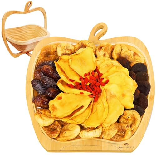 Annah and Sarah Organic Dried Fruit Gift Basket – 2 lbs Gourmet Mix with Mango, Dates, Figs, Apricots & Goji Berries | Healthy Snack Box in Apple-Shaped Bamboo Tray | Gift for Mom, Dad, Birthday, Holidays