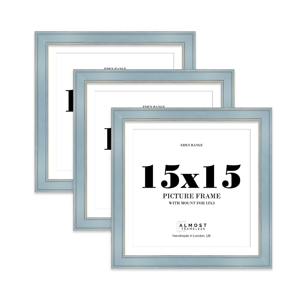 15x15" Cornflower Blue Square Picture Frame with 13x13" Mount - Shabby Chic Photo Frame with Distressed Finish, Gold Trim, Wall Hooks, 37mm Edge - 3 Pack