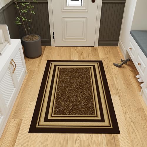 Ottomanson 3'3' x 5' Rugs for Living Room Border Area Rug for Bedroom - Non Slip Durable Large Floor Carpet for High Traffic Areas - Indoor Rug for Dining Room Kitchen Kids Playroom, Brown