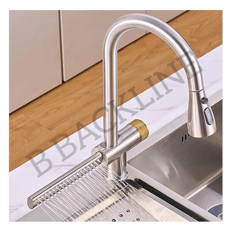 Image of Backline Brass Waterfall Kitchen Sink Hot & Cold Mixer Faucet 360 Rotatable Pull Out Kitchen Faucet Multi-Function Dual Spray Head Technology /Kitchen Sink Tap (Brushed Nickel)