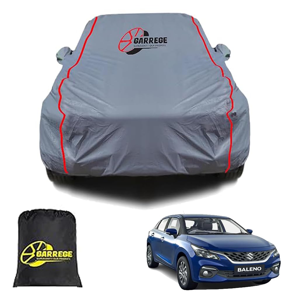 GARREGE Baleno Car Cover All Model Waterproof All Weather,Outdoor Full Cover Rain Sun Uv Protection with Inner Side Ultra Soft Cotton 4 Layers with Blue&Red Piping&Mirror with Anteena Packet for Car